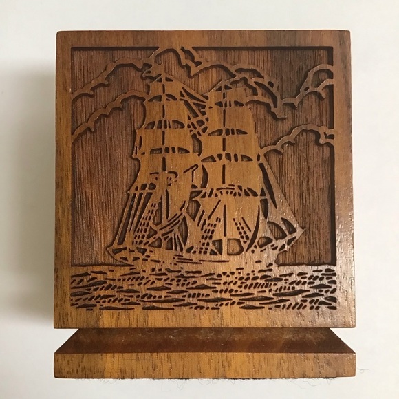 Walnut Desk SET Sailing Laser Engraved Note Pad Paper Clip Pen Holder Vintage - Picture 4 of 16